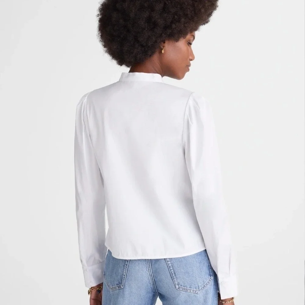 Madewell Puff Sleeve Button Down Band Collar Shirt White Cotton Poplin Blouse S - Picture 2 of 13